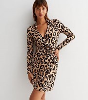 New Look Brown Leopard Print Jersey Collared Mini Wrap Dress
